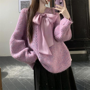 Women's Oversized Bow-Tie Ribbed Knit Sweater - Casual Sweet <b>Jumper</b> Fashion - Product Image 3