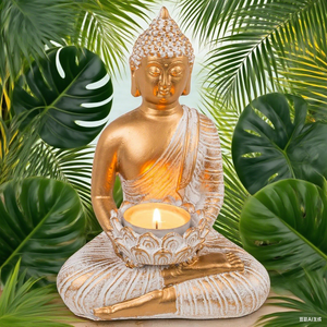 Figura decorativa <span class=keywords><strong>de</strong></span> <span class=keywords><strong>Buda</strong></span>, oro y blanco, aspecto vintage, polirresina, con portavelas (13,5x9x19,5 cm con portavelas) - Product Image 4