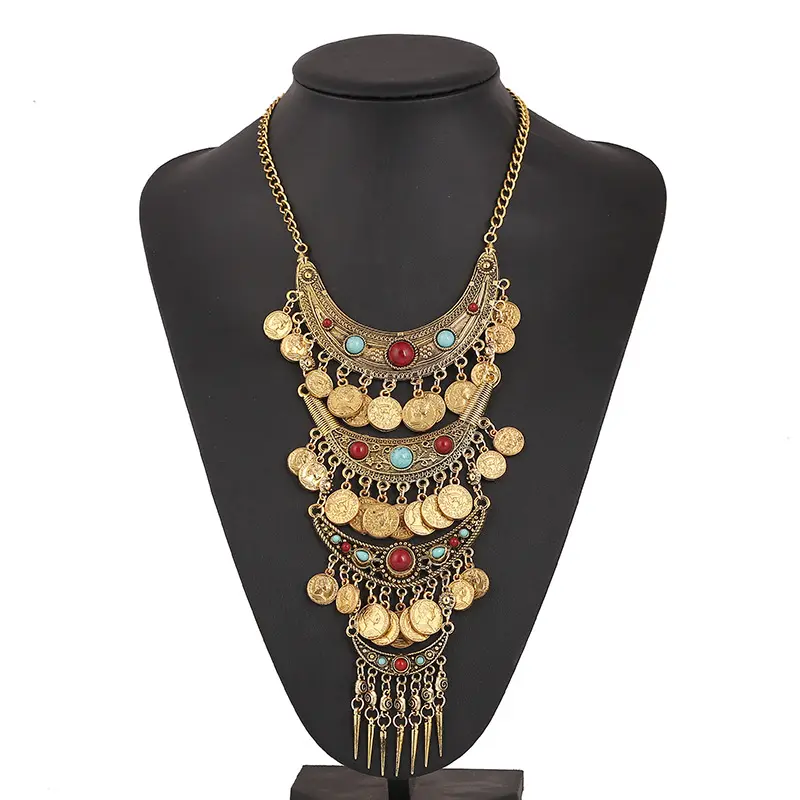 Boho Style Vintage Style Jewelry Necklace Gold Chain With Multilayers Moon And Coins Statement Necklace