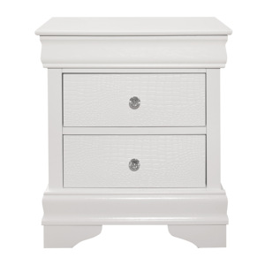 Comodino dal Design Tradizionale con 2 Cassetti, Finitura Bianca Effetto Coccodrillo in Finto Cuoio, Arredamento Camera da Letto in Legno - Product Image 2