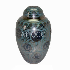 Hand Engraved Solid Brass Cremation Metal <b>Jar</b> Latest Attractive Green Flower Printed Highest Quality Funeral Supplies - Product Image 1