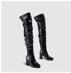 Patent Leather Elastic <b>Chunky</b> Heel 2024 Sexy Over the Knee Ladies Fashion Female Casual Heels Woman Long Boots - Product Image 6