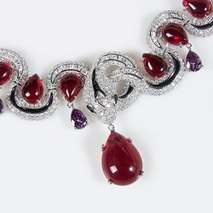 Juego de Joyería de Lujo de Alta Calidad, Elegante Juego de Collar y Aretes con Circonita Cúbica Roja Rubí Chapada en Rodio, Regalo de Boda - Product Image 4