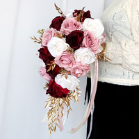 Bordeaux Rose Rose Mariée Tenant Des Fleurs Bouquet De Mariage, Goutte D'eau Artificielle De Mariée Rose Bouquet De Fleurs Pour La Mariée