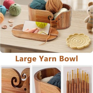 Wooden Oval Yarn Bowl With Lid Phone Stand Storage Box For <b>Crochet</b> <b>Hooks</b> Needlework Desktop Organizer Solid Color - Product Image 2