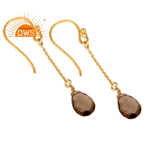 Handcrafted Smoky Quartz Gemstone <b>Earrings</b> Indian Gold Plated Jewelry Designer 925 <b>Silver</b> <b>Chain</b> Drop <b>Earrings</b> Manufacturer - Product Image 2