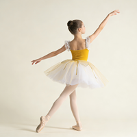 Costume de tutu en velours jaune à lacets floraux, manches courtes, jupe en tulle blanc, robe de danse classique pour enfants, robe de performance pour concours