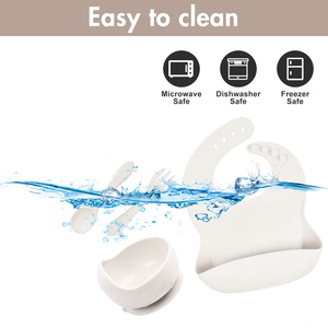 3Pcs Silicone Baby Feeding Set for Toddlers Baby Led <strong>Weaning</strong> Supplies with Self-Adjusting Bib and Suction Bowl Wooden <strong>Spoon</strong> - Product Image 3
