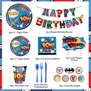 Nicro Set peralatan makan pesta ulang tahun anak, sendok garpu sekali pakai piring kertas perlengkapan pesta pahlawan Super