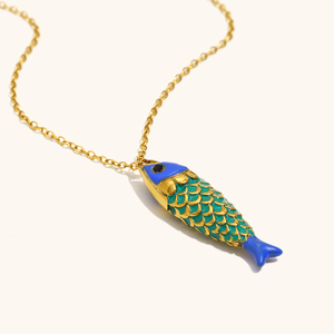 Dingran vergoldete Edelstahl Fisch Anhänger Halskette Bunte Emaille Koi Design Nautischer Schmuck - Product Image 5