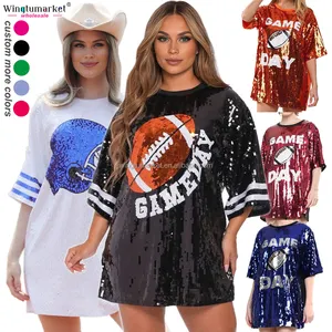 Wholesale cheerleading uniforms glitter t shirt mini dress tiger orange red woman game day sequin football women dresses