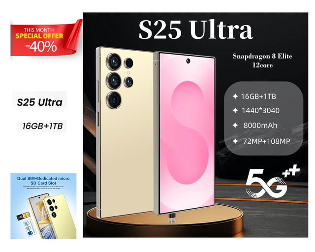 Wholesale Big Screen S25 Ultra Android 15 Smartphone 16+1TB with 144Hz Refresh Rate Deca Core CPU English Cell Phones