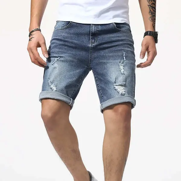 Wholesale Mens Ripped Rolled Hem Denim Shorts Ripped Jeans Pants