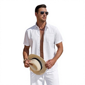 Chemise décontractée blanche à manches courtes pour homme, col boutonné, respirante, en lin/coton Dobby écologique, couleur unie, fermeture boutonnée sur le devant, idéale pour l'été - Product Image 4
