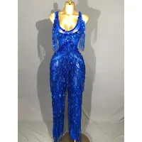 Combinaison scintillante pour femme avec strass, paillettes et franges, sexy, pour anniversaire, événement, chanteuse, danseuse, spectacle
