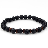 Bracelet en perles de pierre naturelle vintage en gros, bracelet élastique en bois avec pierre noire en fer, bracelet de couple personnalisé