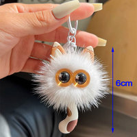 Porte-clés de voiture en fourrure de vison véritable, motif chat de dessin animé mignon, pendentif peluche, jouet, décoration de sac, cadeau, sans impression