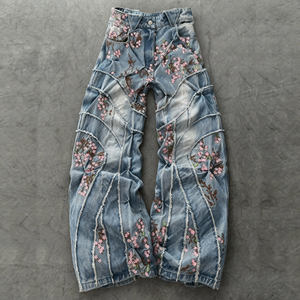 Jeans délavés vintage pour hommes Streetwear HipHop Baggy coupe ample jambe large bouton brodé délavé décontracté - Product Image 1