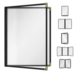 Porte-menu en vinyle transparent avec coins décoratifs dorés, couverture de menu de restaurant, pochette à menu à chargement latéral avec bordure doublement cousue - Product Image 1
