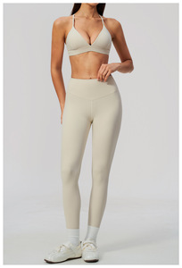 Ensemble de sport décontracté 2 pièces vert olive pour femme, haut dos croisé et leggings taille haute en polyester tricoté respirant - Product Image 5