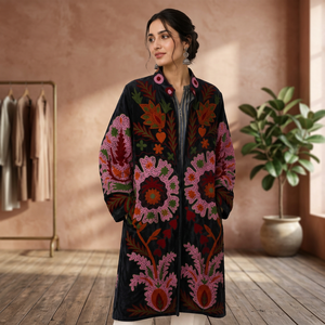 Manteau en velours Suzani brodé à la main pour femme, motif floral Paisley noir, mi-long, style kimono, ouvert sur le devant, robe bohème d'hiver - Product Image 4