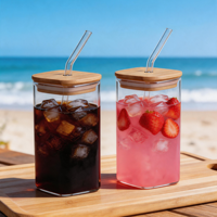 Gobelet en verre carré de 350 ml (12 oz) pour bière, cocktail, jus, lait, café glacé, thé, compatible avec le micro-ondes et le lave-vaisselle, avec couvercle en bambou et paille en verre
