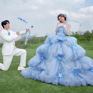 Blue Dream Wedding Dress Strapless Ball Gown Empire Waist Floral Print Outdoor Photography Outfit Flower Fairy Blue - Product Image 3