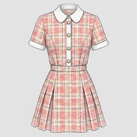 Robe en tweed à carreaux rose, manches courtes, col rabattu, style preppy élégant, mini robes plissées pour femmes, tenue décontractée pour le bureau