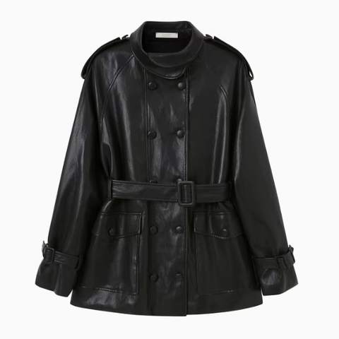 5154 New Fashion Medium Style Black Sheepskin Coat Double-breasted Belt-up Vegetable Tanned Sheepskin Trench Coat for Women