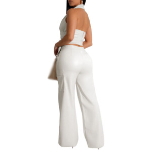 <b>Sexy</b> PU Leather Sleeveless Halter Top Leather Pants Ladies Two Piece <b>Set</b> Fashion - Product Image 4