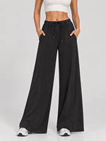 Pantalon large taille haute élastique pour femme avec cordon de serrage, tissu doux et fluide, poches plaquées arrière, coupe droite décontractée pour yoga et fitness