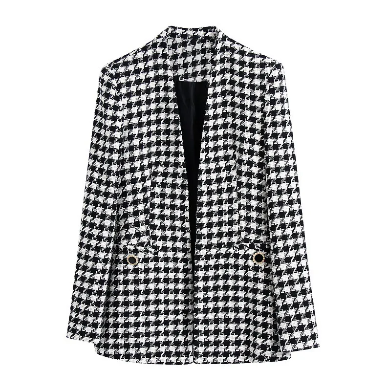 Autumn and winter new European style women's wholesale thousand bird lattice texture pocket slim-fit suit