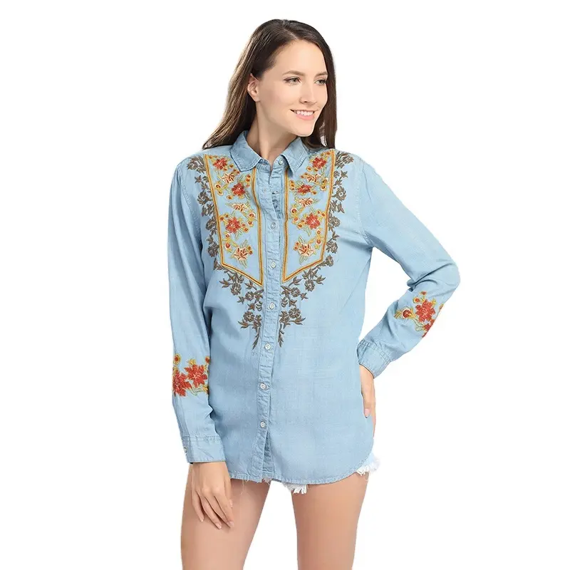 Hot selling designer floral blue model denim long sleeve embroidery blouse