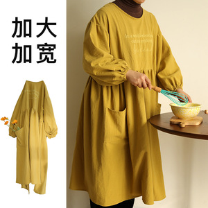 Apron Full Coverage Plus Size Extra Large Wide Cotton Cooking Antifouling Daily Use Ginger Yellow Dark Green Solid Color - Product Image 1