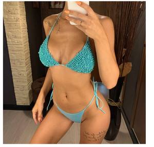 Traje de Baño <span class=keywords><strong>Bikini</strong></span> de Dos Piezas con Cuentas Triangulares de Color Sólido para Mujer, Diseño Más Reciente de 2022 - Product Image 6