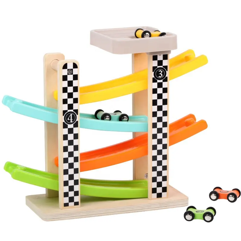 Kids Race Track Toy Wooden Race Cars Toy Gift with 4 cars For Children Diecasts Slide Ladder Car Kids Educational Toy Gift