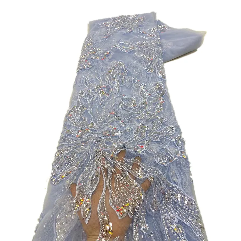 NI.AI New 3D Light Blue Beaded Tulle Lace French Embroidery Net Lace Beads Lace Fabric for Wedding Dress