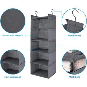Organisateur de placard suspendu à 5 étagères, gris, pliable, avec 4 poches latérales pour utilisation derrière la porte - Product Image 4
