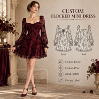 Robe mini personnalisée pour femme en maille transparente à motif floral floqué, col cœur, manches longues bouffantes, ourlet à volants, coupe trapèze