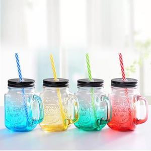 Wholesale Custom 16Oz 16 Oz Cold Beverage Use Bulk Glass Color Embossed Mason Jar Drink Cup Jars Mug With Handle Lid And Straw