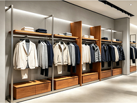 Présentoir mural en acier inoxydable brossé de luxe léger et bois, pour magasins de vêtements