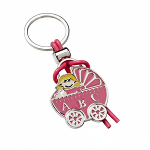 Portachiavi Rosa a Forma di Passeggino con Ciondolo Bambina e Design ABC, Anello Argentato e Cordino Rosa - Product Image 2