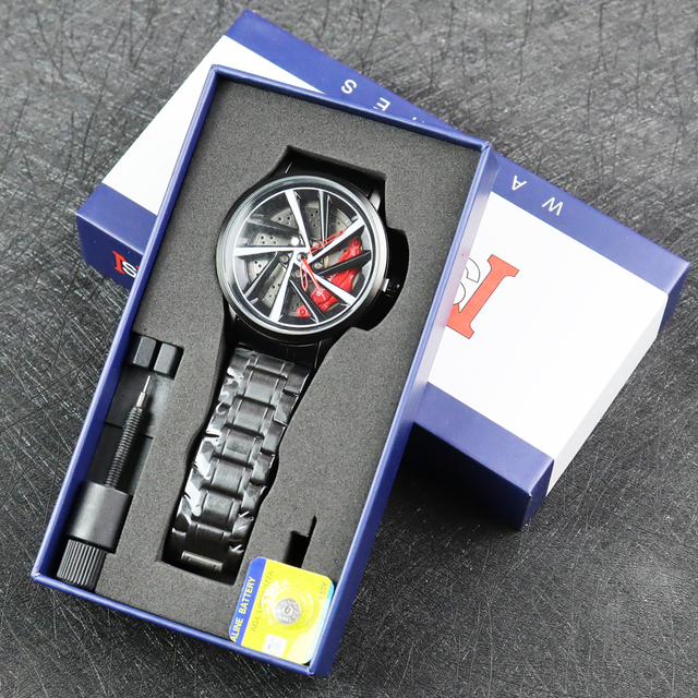 Spinning Model Unique Hub Sports Car Wheel Rim Watches With Box Set Waterproof Watch Mens Wheel Wristwatch Quartz Rotating Watch