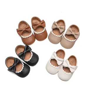 2024 bebek kız elbise ayakkabı Pu deri kaymaz bebek Mary Jane düz yay ile günlük ayakkabılar-knot