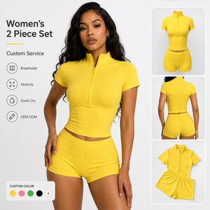Set Yoga <span class=keywords><strong>Sexy</strong></span> da Donna in 2 Pezzi: <span class=keywords><strong>Top</strong></span> con Zip a Manica Corta e Pantaloncini Mini, Completo per Palestra, Fitness e Allenamento, Abbigliamento Athleisure - Product Image 1