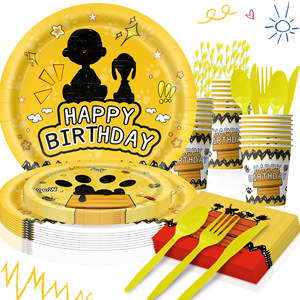 Assiettes et serviettes en papier chiot 7/9 pouces, décorations de fête d'anniversaire et fournitures de baby shower sur le thème mignon de dessins animés japonais, motif maison de chien jaune - Product Image 5