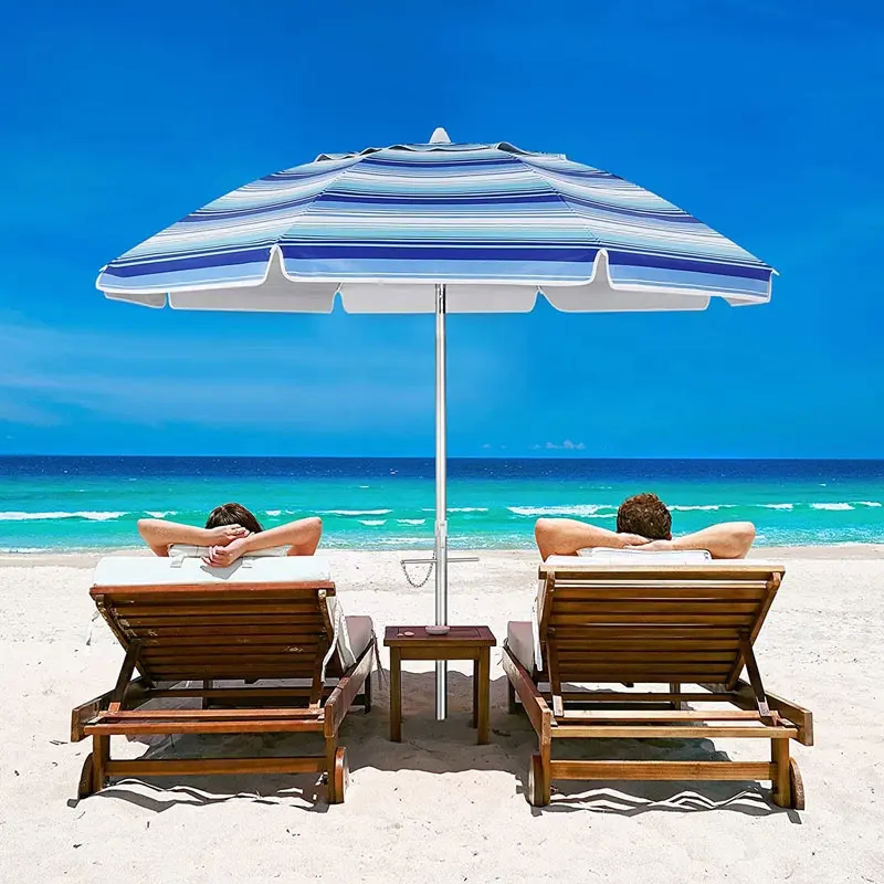 Custom Outdoor Promotional Printed Waterproof Blue White Striped Beach Umbrellas