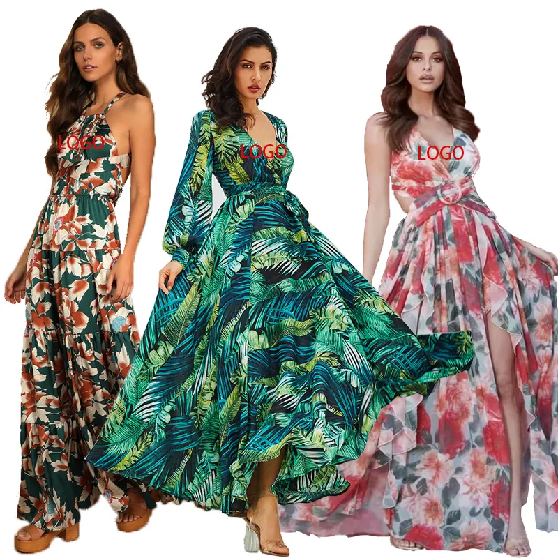 Custom Designs Floral Printed Vacation Beach Women Elegant Dresses Vintage Holiday Maxi long Dress Summer Casual Dresses