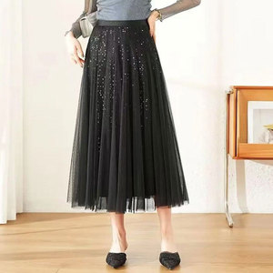 Personnalisé Élégant Luxe <span class=keywords><strong>Femme</strong></span> Taille Haute Midi Jupe Plissée Paillettes Maille Pure <span class=keywords><strong>Tutu</strong></span> Jupe Longue Doux Décontracté Durable - Product Image 5