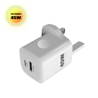 Cargador Superrápido de 35W 45W PD2.0 QC3.0, Adaptador de Pared USB A+C MINI GaN de Carga Rápida para Teléfono Móvil, Enchufe de 3 Pines para Reino Unido